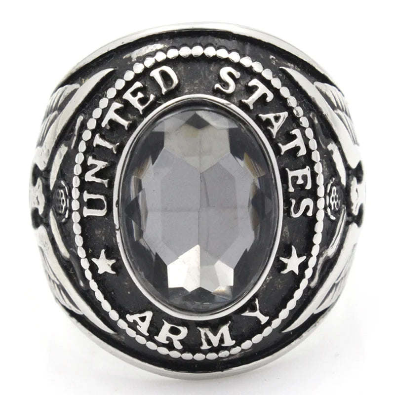 Men`s United States US Army Military Veteran Stone 316L Stainless Steel Ring