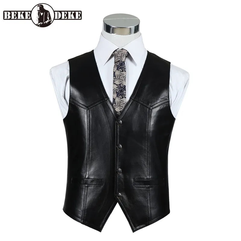 Genuine Leather Sheepskin Vest Men Brown Business Work Jacket Sleeveless Waistcoat Spring Slim Motorcycle Vest Male Suit Vest
