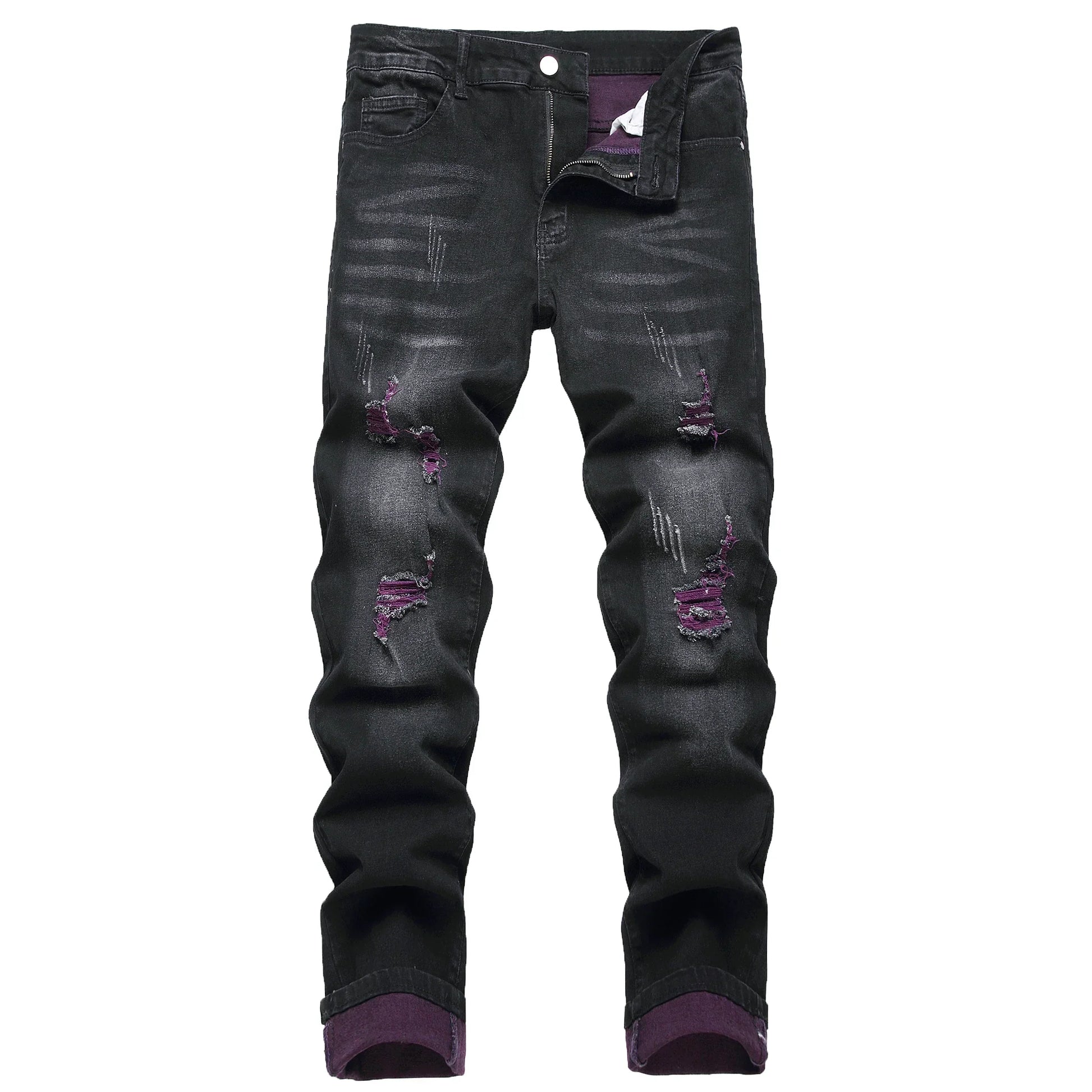 Men's black jeans Elastic purple distressed denim pants Distressed color denim long pants Casual street party jeans 517