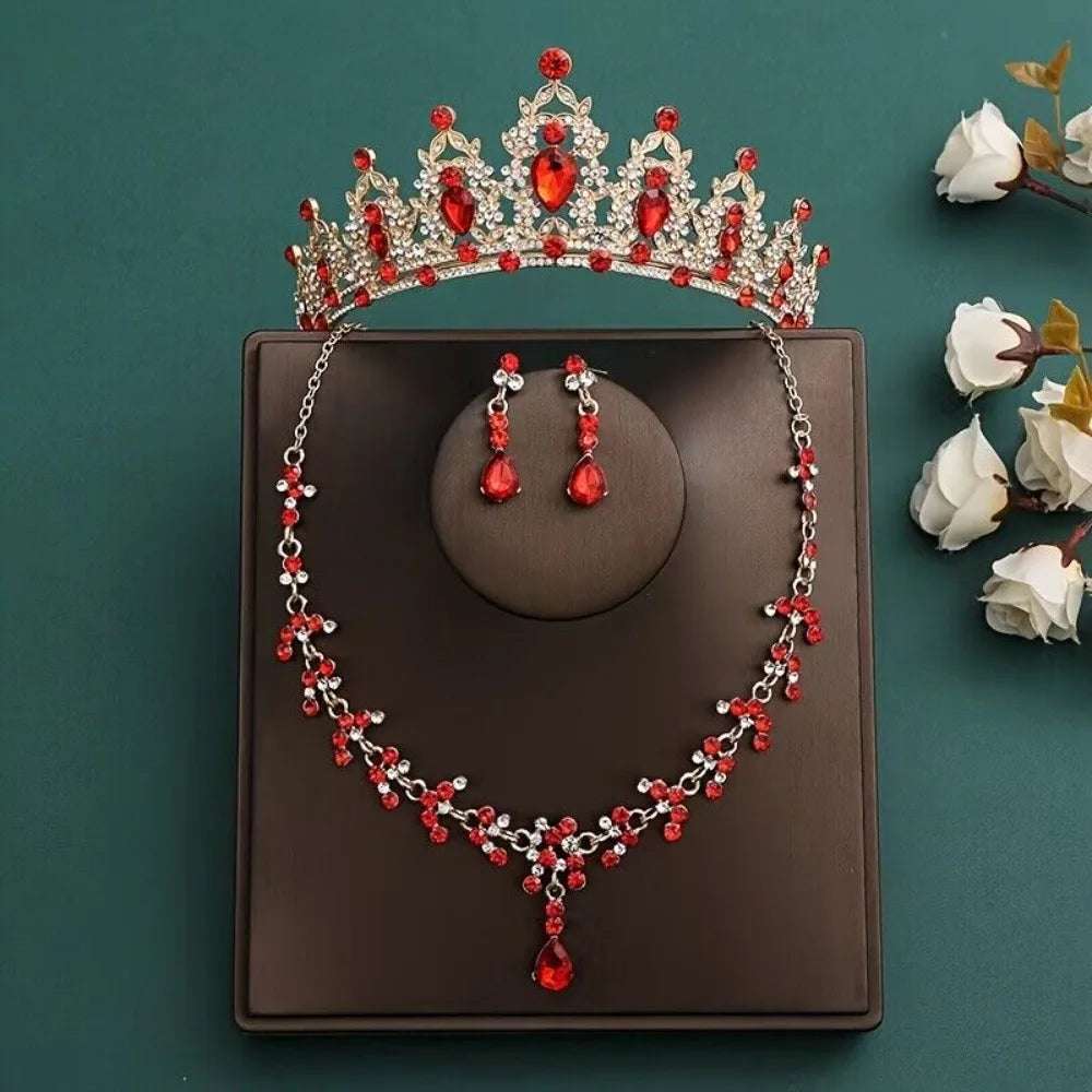 3Pcs/Set Crystal Bridal Tiara And Crown Earrings Necklace Jewelry Set For Women Princess Girls, Jeweled Wedding Tiara For Bride