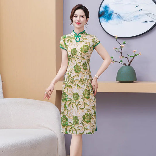 Classic Women Qipao Elegant Flower Print Cheongsam Cute Evening Party Dress Chinese Short Sleeve Vestidos