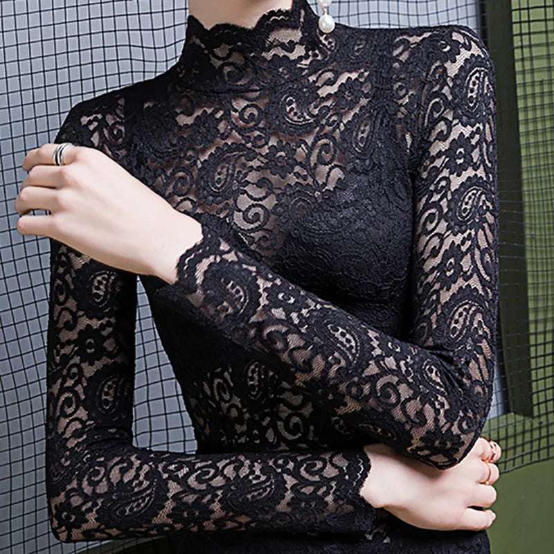 Autumn Winter Women Warm Bottoming Pullover Tops Mock Neck Long Sleeves Shirt Flower Hollow Out Women lace Blouse