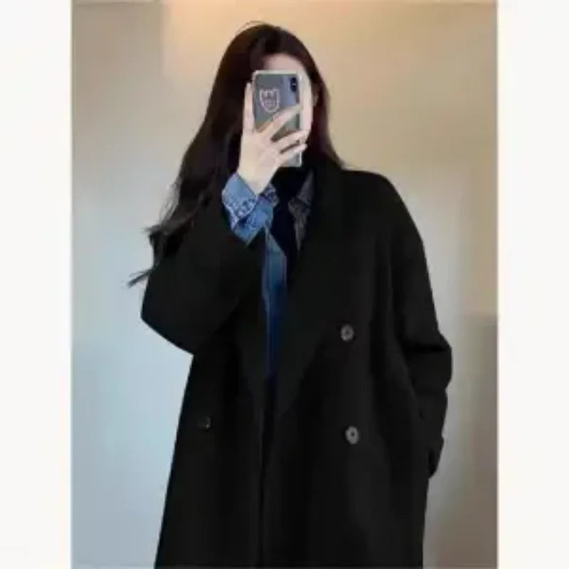 Women'S Autumn And Winter Woolen 2025 New Spliced Suit Collar Button Pocket Fashion Mid-Length Coat