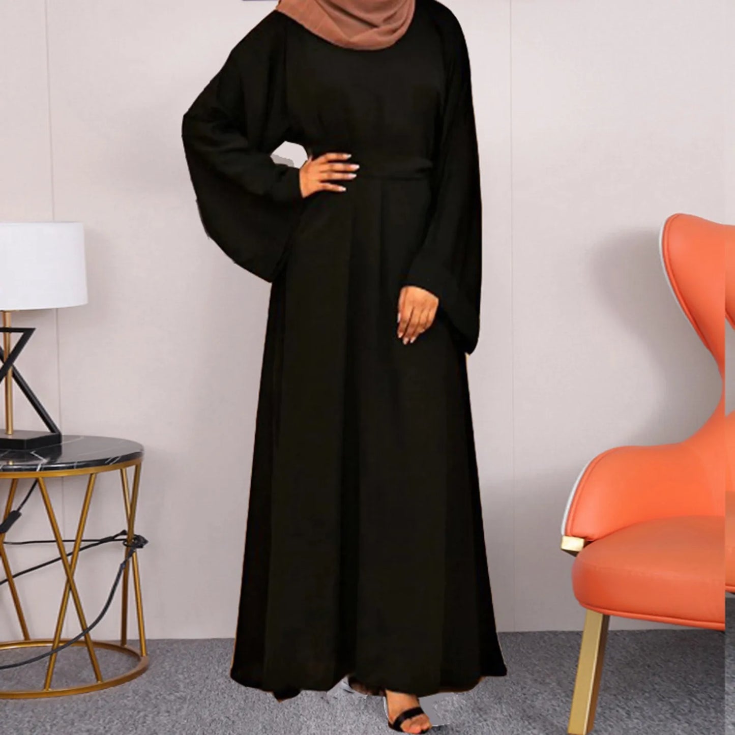 Ramadan Nida Abaya Long Dress Solid Color A-line Loose Sleeves Dresses Round Neck Dubai Modest Dress
