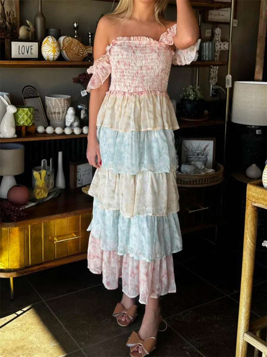 Women Elegant Floral Print Chiffon Maxi Dress with Spaghetti Straps and A-Line Silhouette for Summer Beach Wedding Party