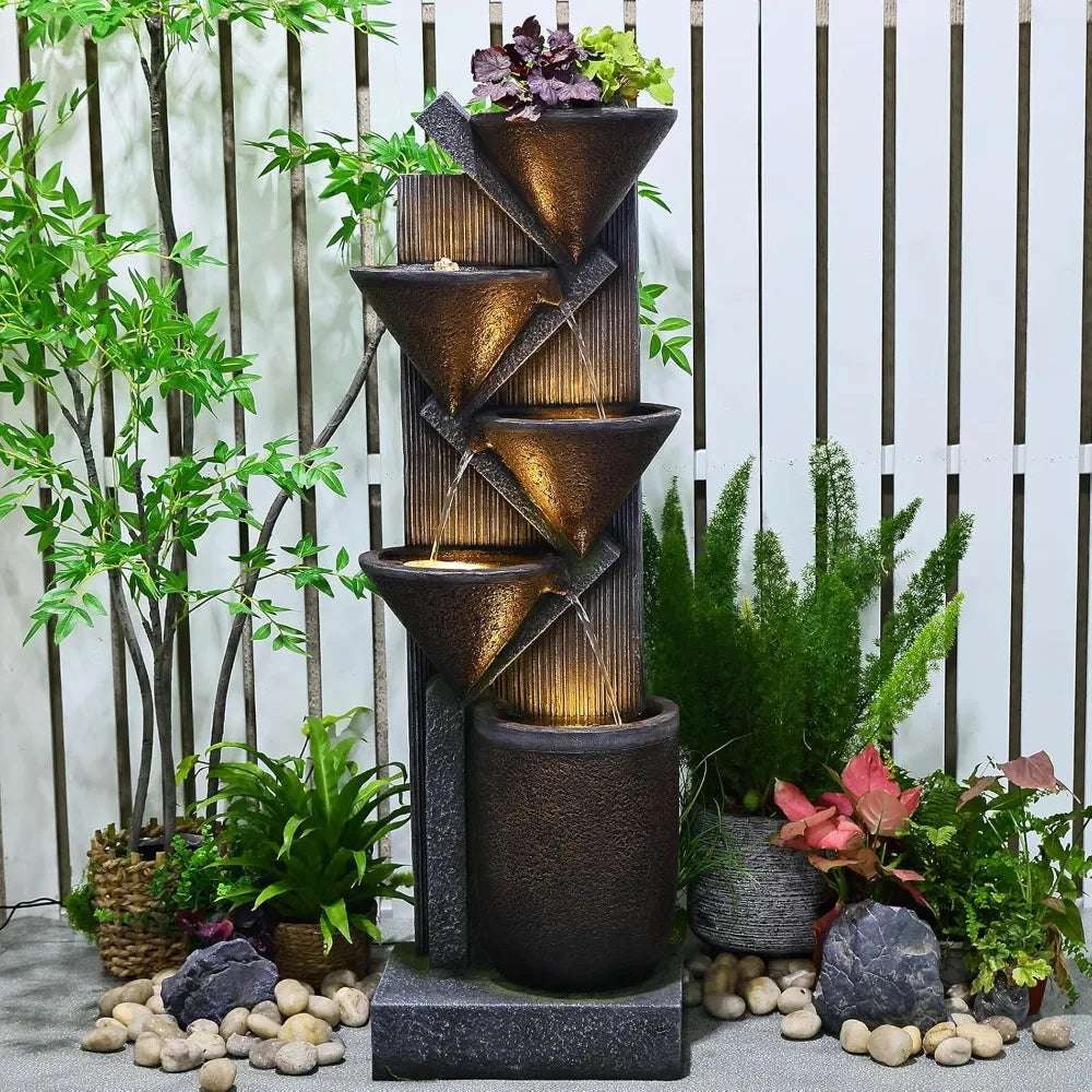 Tall Outdoor Waterfall Fountain Tier Indoor Floor Standing Water Fountains with LED Lights Pump for Garden, Living Room, Patio