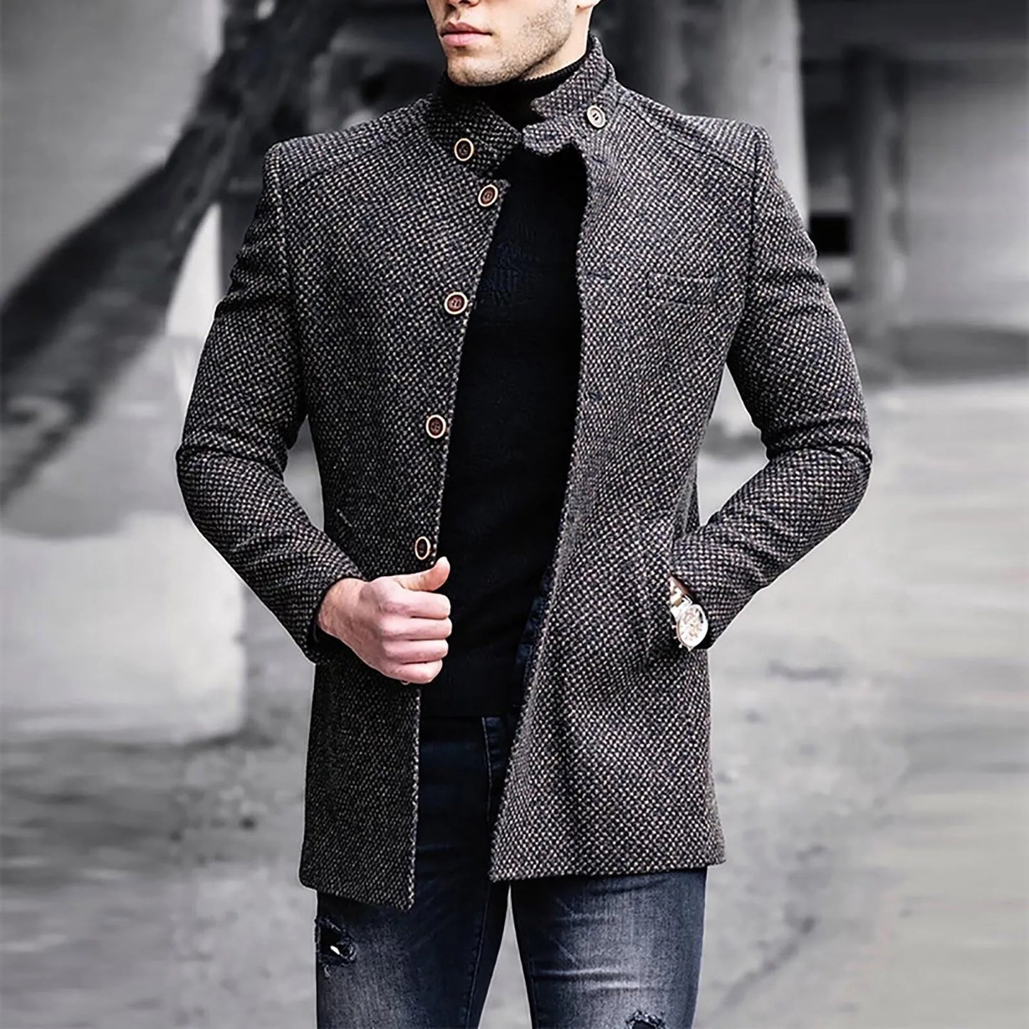 Autumn Winter Retro Print Woolen Coat Men's Casual Single Breasted Lapel Long Sleeve Coat Men's Fashion Loose Pocket Mid Long Jacket