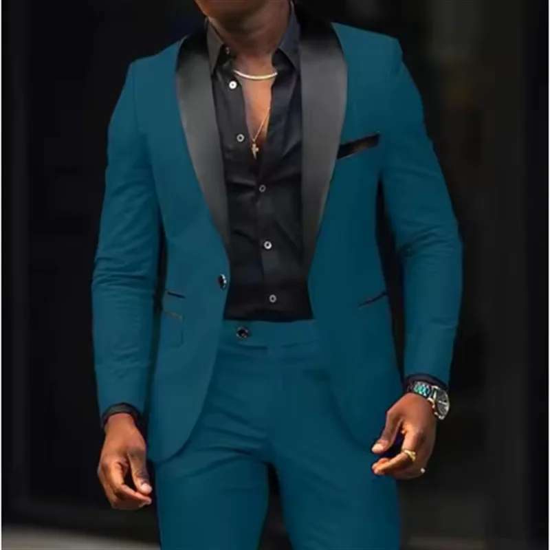 Casual 2 Piece Men Wedding Suits Solid Slim Fit Shawl Lapel Blazer Pant Designs Party Prom Suits Man Business Wear Suit