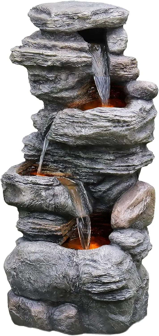 Home 39.37 in. Outdoor Faux Stacked Stone 4-Tier Water Fountain with LED Lights and Pump