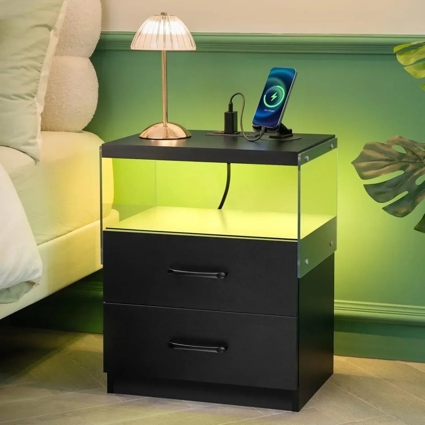 LED Nightstand with Charging Station and Acrylic Board, 2 Drawer Night Stand with LED Lights for Bedroom, Modern Bedside Table
