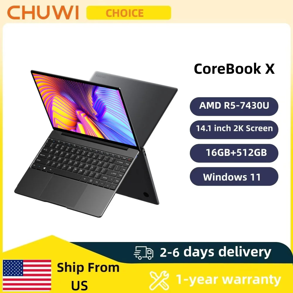 Chuwi Corebook X Gaming Laptop Amd R5-7430U 16Gb Ddr4 Ram 512Gb Ssd 14.1 Inch 2K Screen Lightweight Notebook 4.3 Ghz Windows 11