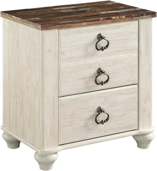 Willowton Farmhouse 2 Drawer Nightstand with USB Charging Ports, Whitewash