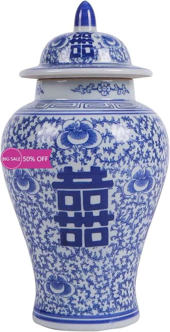 Blue and White Ginger Jar with Lid Antique Style Porcelain Ginger Jar Chinoiserie Double Happiness Flower Vase Home rative