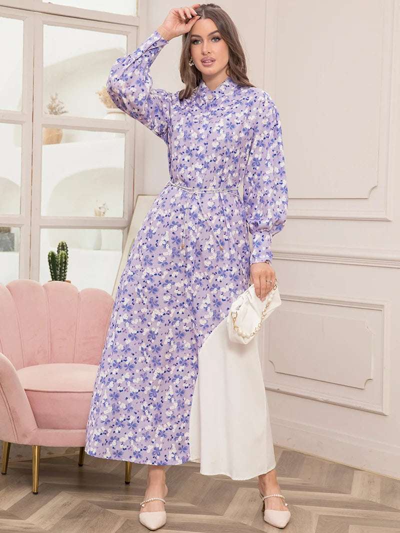 Floral Print High Neck Contrast Color Belted Shirt Sleeve Long Dress - Women Fashion Slim Fit Maxi Dress for Spring
