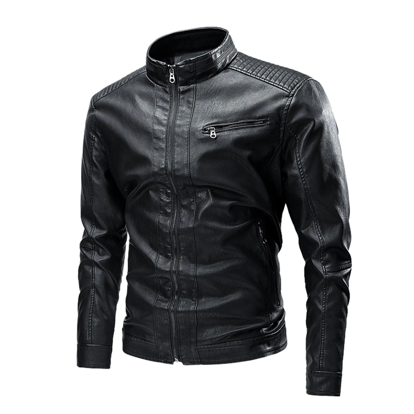Men'S Lapel Faux Leather Motorcycle Jacket - Casual Lightweight Stand Collar Pu Jacket For Men