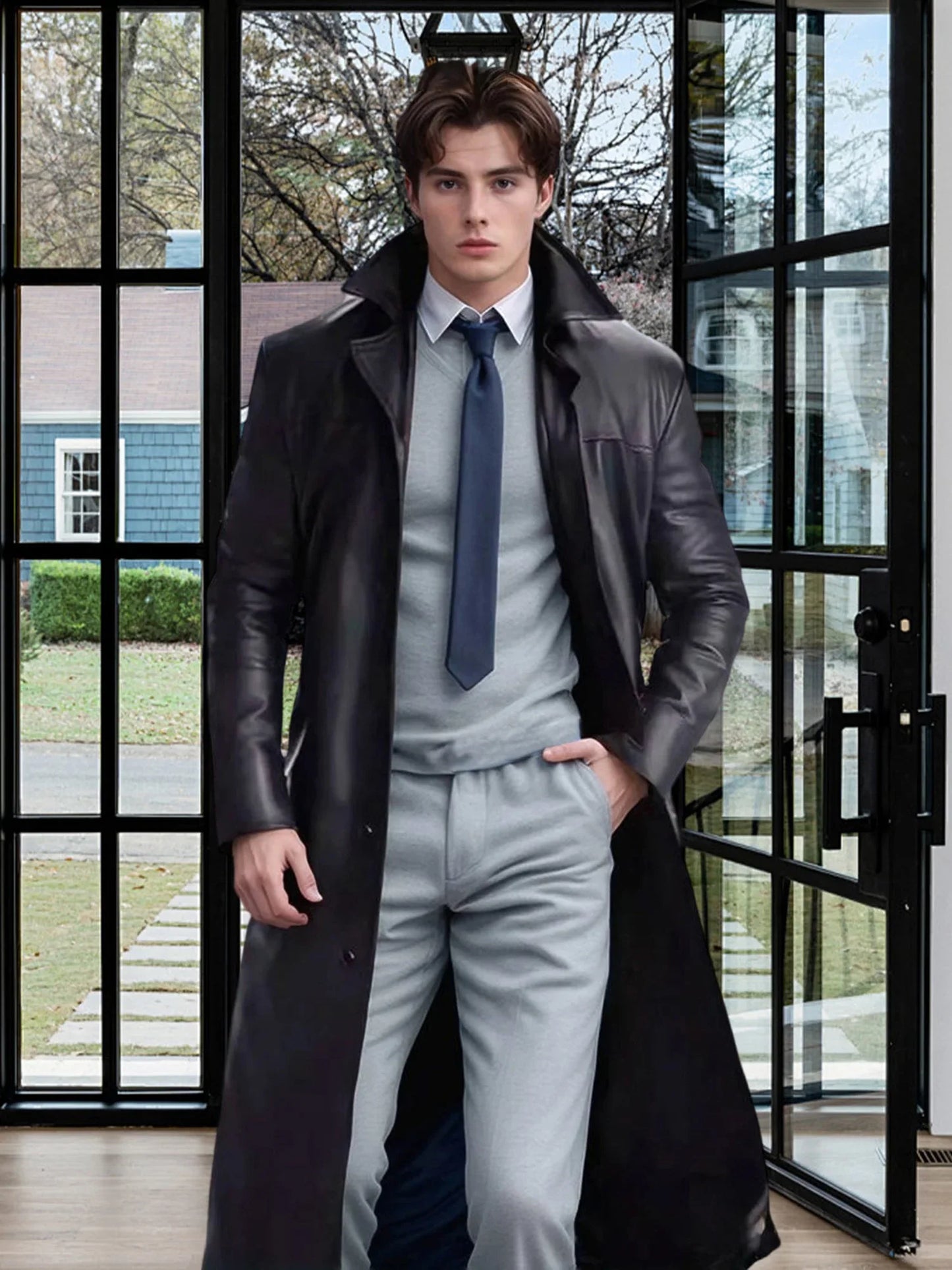 Men Faux Leather Jacket Classic Lapel Collar Long Sleeve Button Closure Windproof Coat for Fall Winter Wardrobe