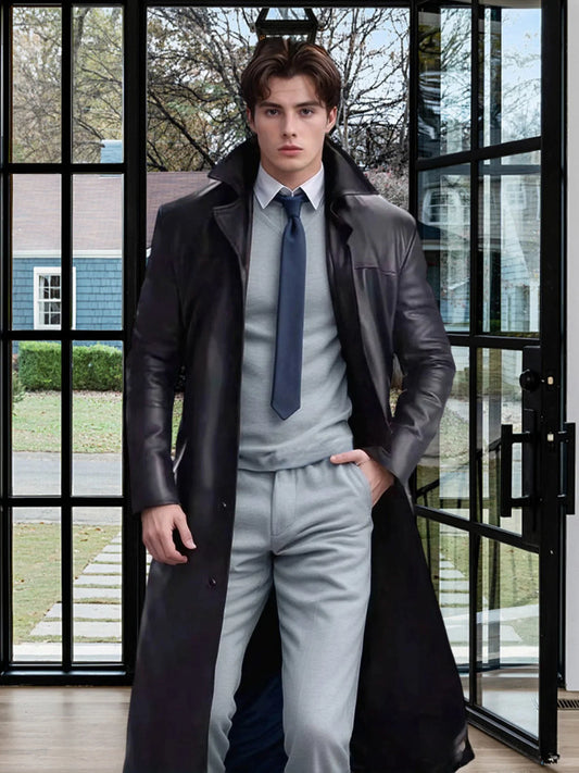 Men Faux Leather Jacket Classic Lapel Collar Long Sleeve Button Closure Windproof Coat for Fall Winter Wardrobe