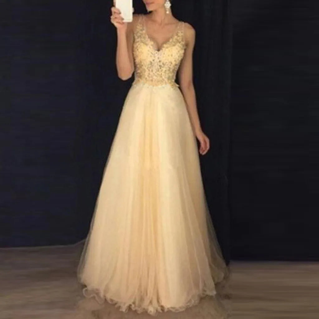 Women's Sleeveless V-Neck Dress, Formal Party Dress, Wedding Dress, Fashion, Long, 100 Cotton