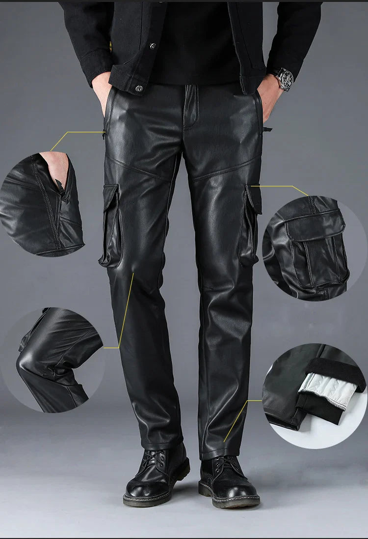 Men's`s Multi Pockets Motorcycle Soft Waterproof Windproof Biker Workwear PU Faux Leather Cargo Pants