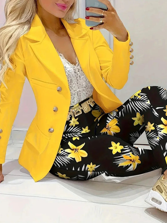 Women Business and Leisure Two-Piece Suit Set, Solid Color Long Sleeved Double Breasted Suit Jacket and Floral Printed High Wa