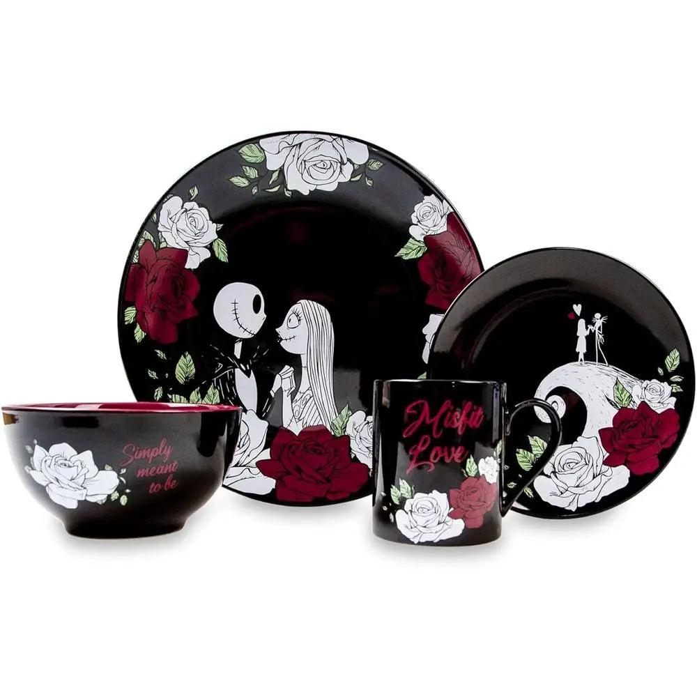 Nightmare Before Christmas Jack And Sally Roses 16-Piece Ceramic Dinnerware Set | Includes Salad Plates, Bowls, Mugs