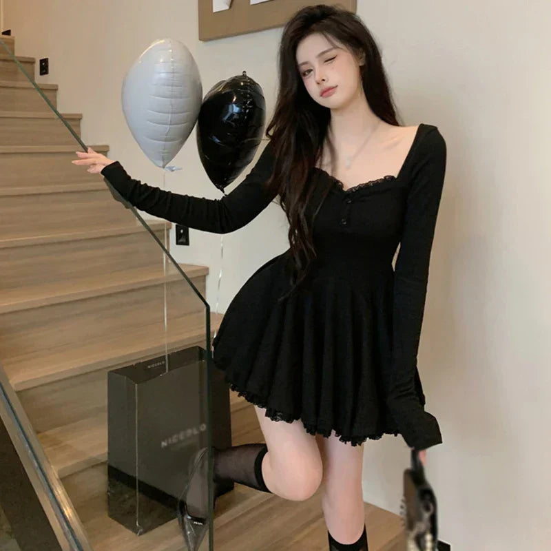 Women Cute Korean Dress French Style Waist Closed Long Sleeve Collarbone Exposed Sweet