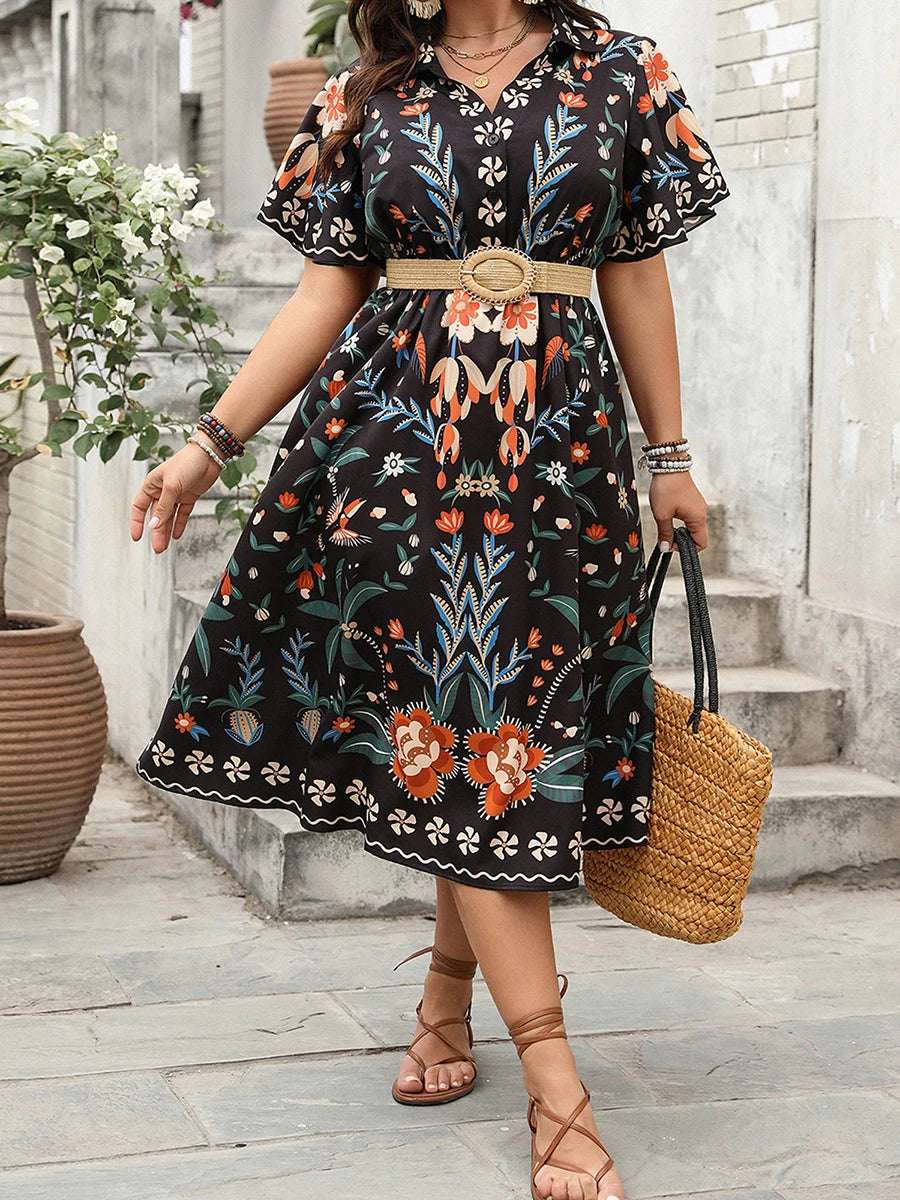 WoMen's Plus Size V-Neck Maxi Dress Floral Print Short Sleeve Bohemian Party Dress for Summer Beach Wedding Guest