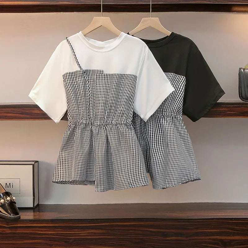 Short Sleeve Fake Two-Piece T-Shirt Women Korean Style Patchwork Summer New Waist-C"ing Design Unique Fashion Top Women