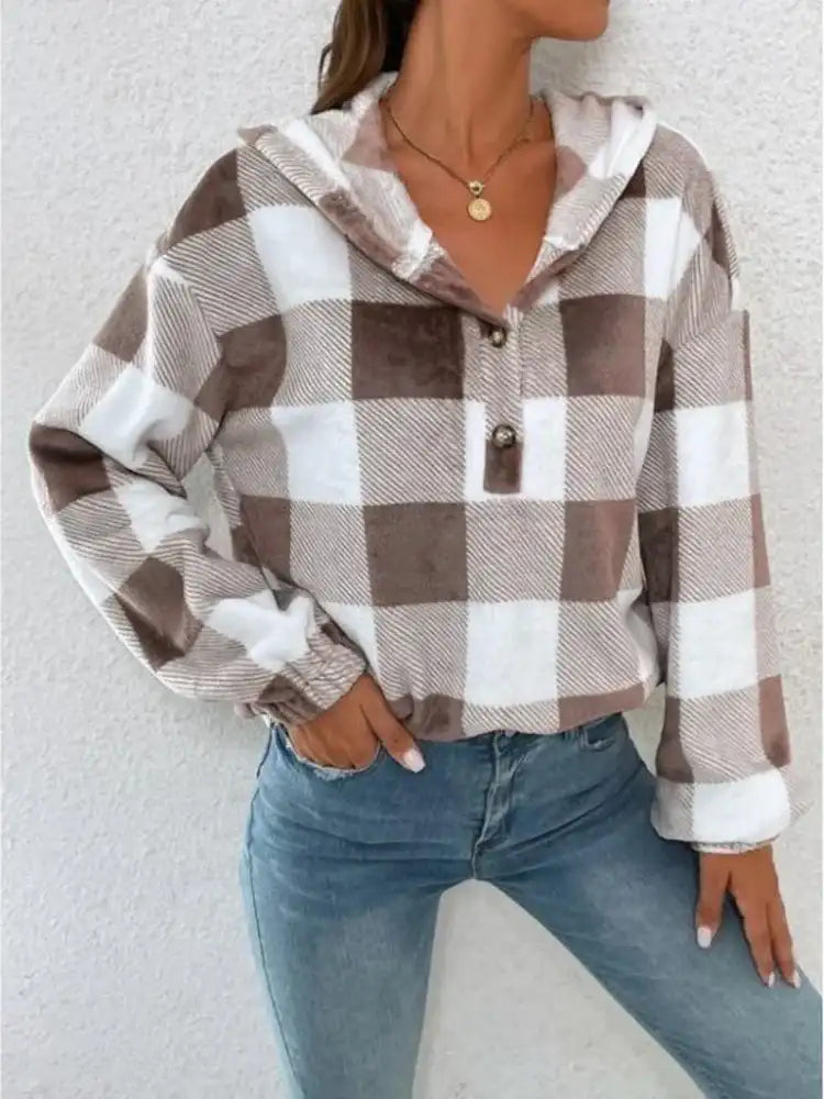 Autumn and Winter WoMen's Plus Size Hooded Knitted Pullover Long Sleeved V-neck Button Checkered Casual Pullover