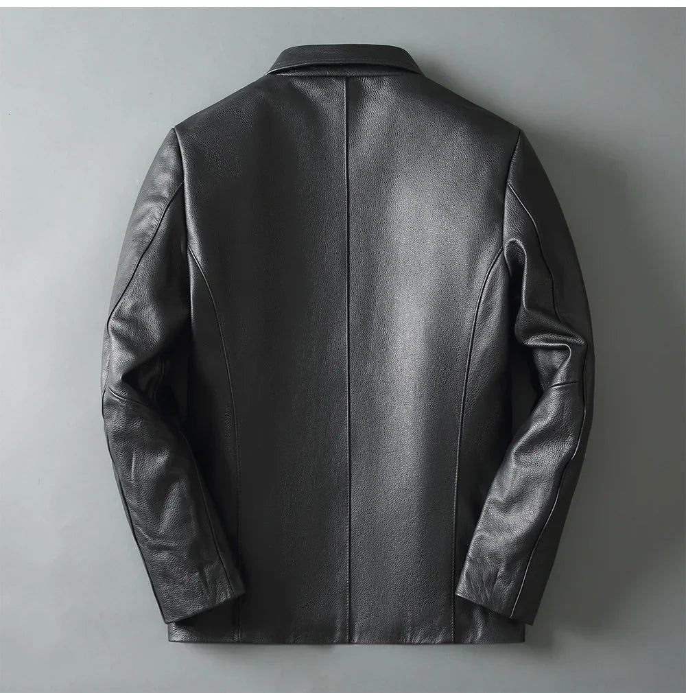 Men's Black 2023 Thin Leather Jacket Spring Autumn Soft Top Leather Loose Jacket Brown Lapel Natural Calfskin Classic Jacket