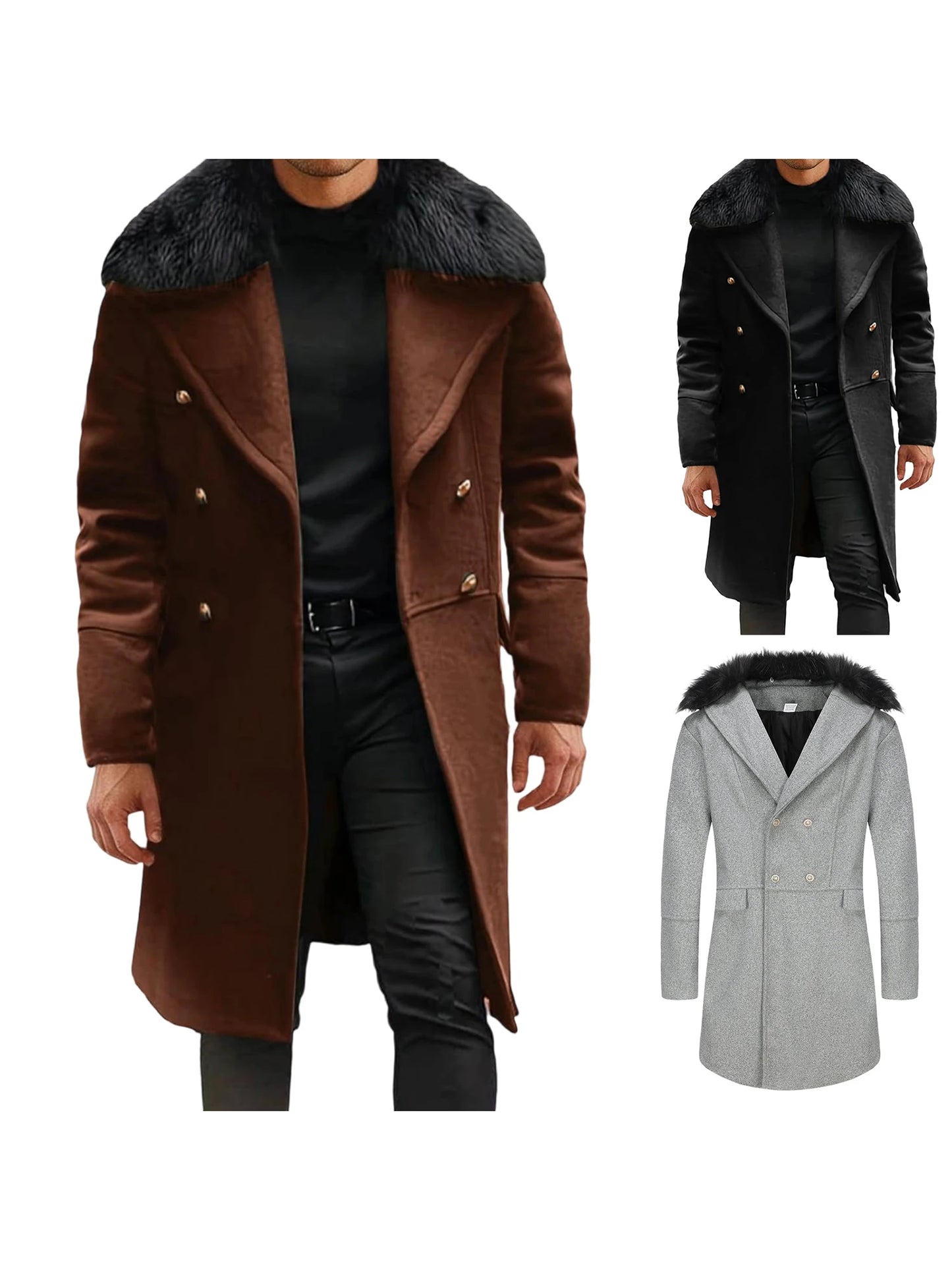 Men's Classic Double Breasted Trench Coat with Removable Fur Collar Mid-Length Wool Blend Overcoat for Winter Warmth