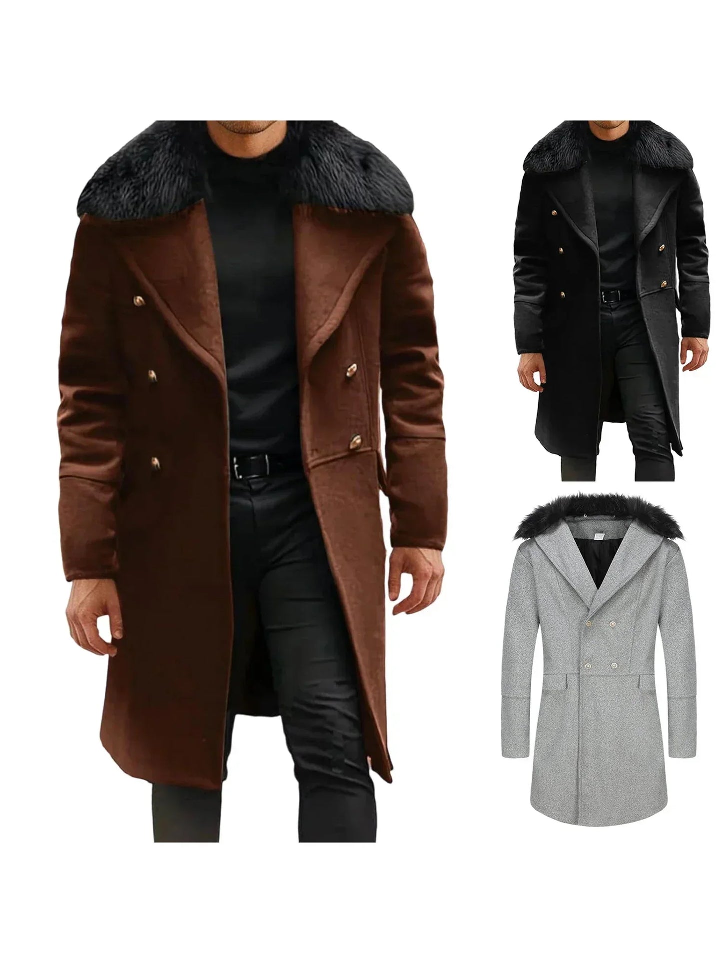 Men'S Classic Double Breasted Trench Coat - Removable Fur Collar Mid-Length Wool Blend Winter Overcoat