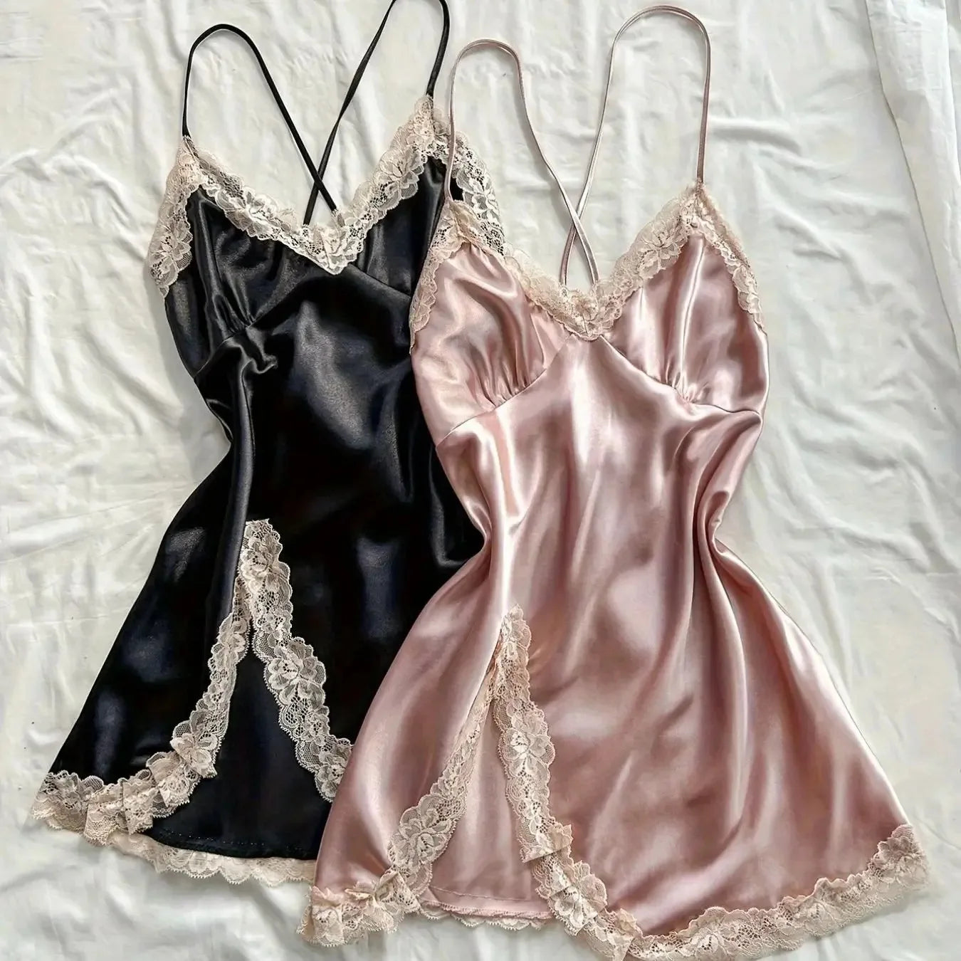 2Pcs WoMen's Satin Sleepwear Set Black & Blush, Ruched V-Neck Strapless Nightgown Lingerie Dress, All-Season Nightwear