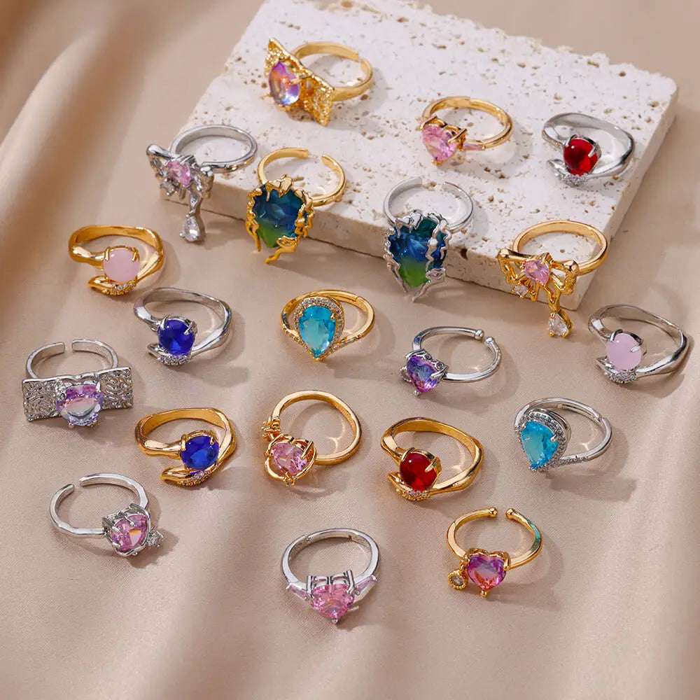 Colorful Zircon Heart Rings For WoMen's Gold Plated Stainless Steel Adjustable Geometric Ring Femme Wedding Aesthetic Jewelry Gift