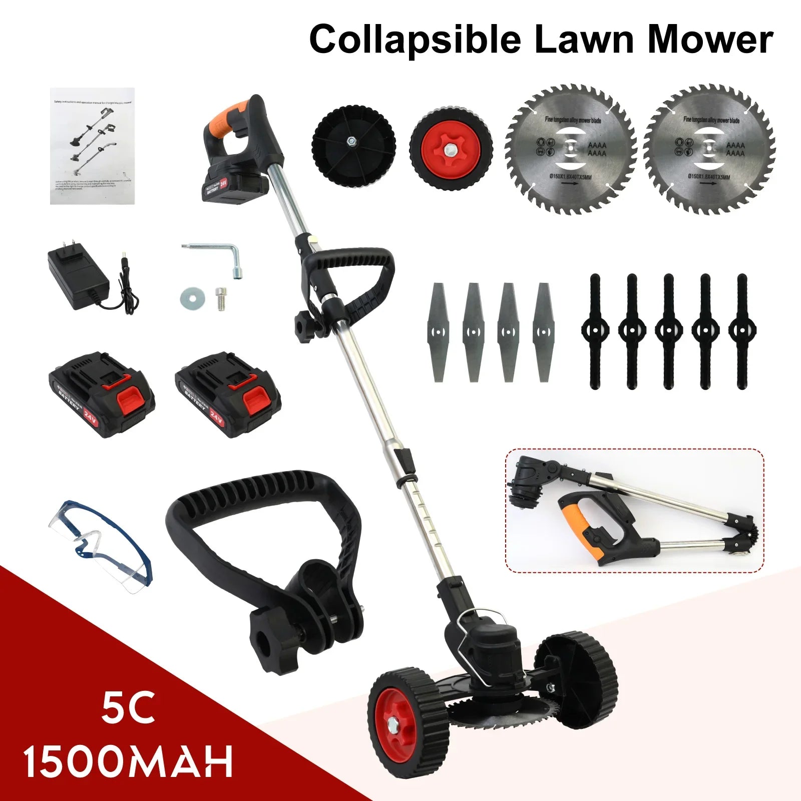 Electric Weed Wacker Cordless Lawn Mower Foldable Grass Trimmer Lightweight With Two Battery 2000mah 21V for Garden Yard Lawn