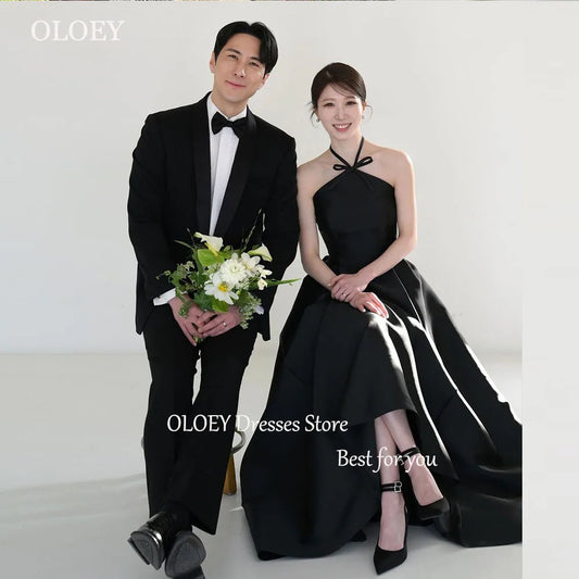 OLOEY Black Elegant Wedding Dresses Halter A-line Simple Korea Wedding Photo Shoot Dresses Sleeveless Bridal Gown Custom Made