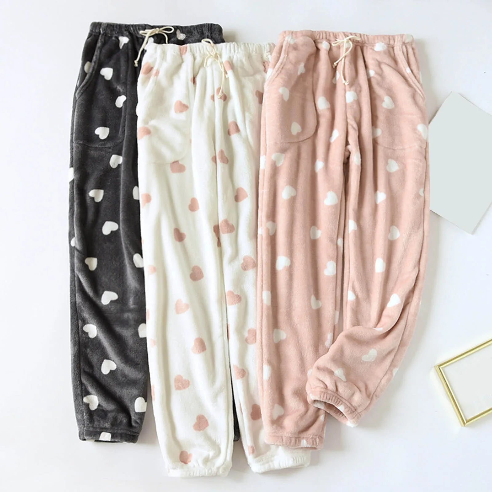 Women Flannel Pajama Pants Plush Winter Warm Sleepwear Drawstring Heart Print Pyjama Pants Sleep Trousers Clothing