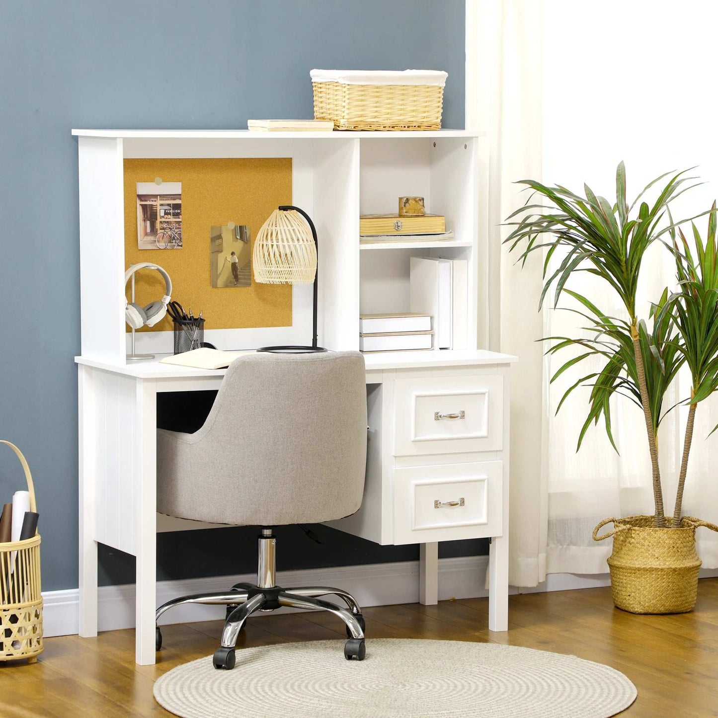 Homcom Computer Desk, Writing Desk with Shelves and Drawers, White