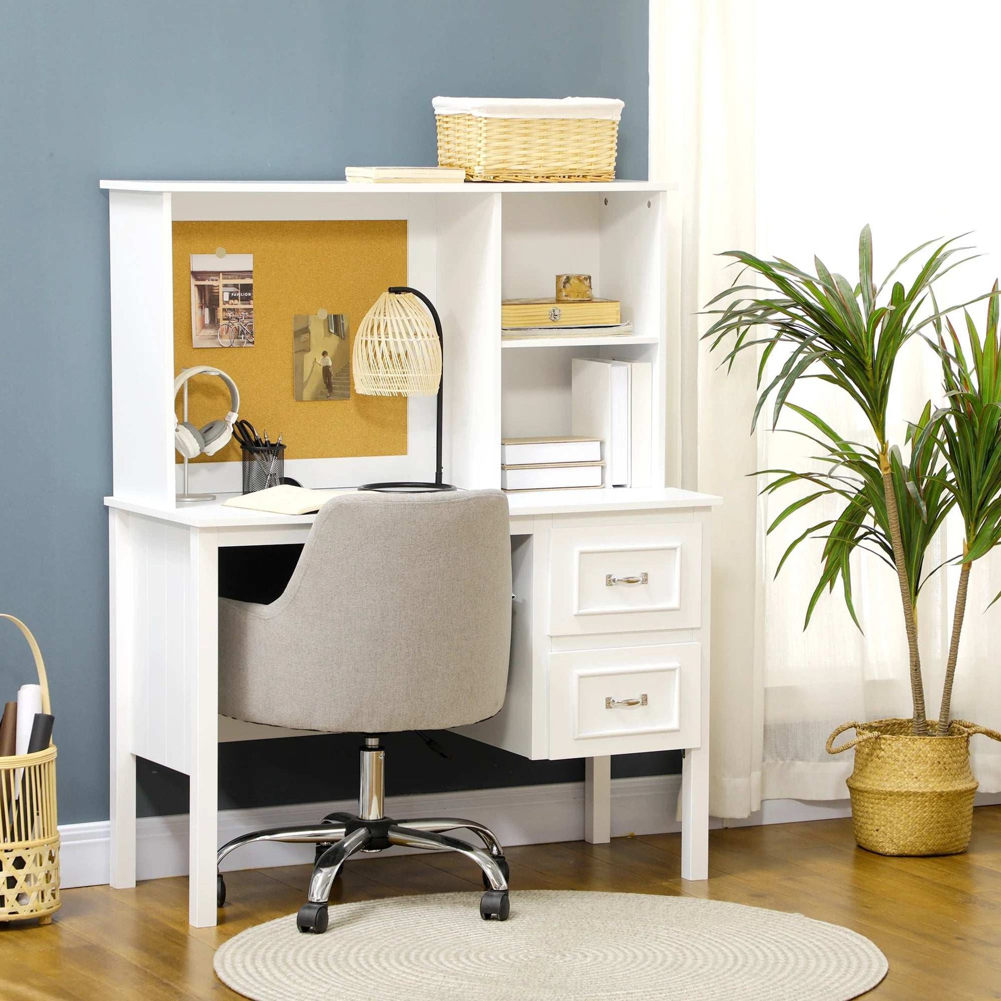 Homcom Computer Desk, Writing Desk with Shelves and Drawers, White