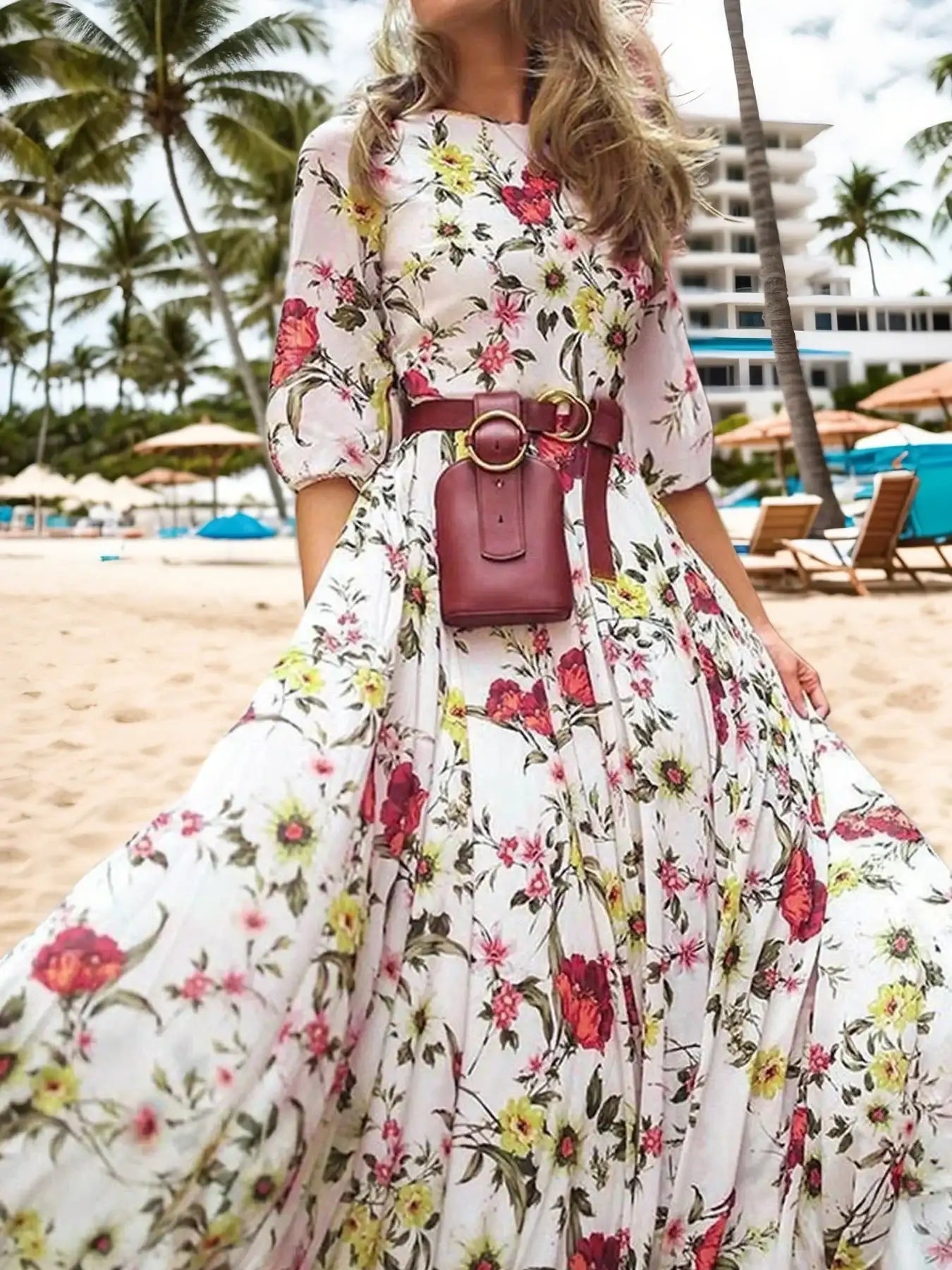 2025 New Floral Print Women Dress, Half Sleeved Long Pants Dress, Summer Vacation BeaDress