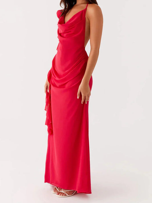 Elegant Lace Off-Shoulder Maxi Dress with Flounce Hem and Open Back Detail for Wedding Evening Prom Party Beach Cocktail