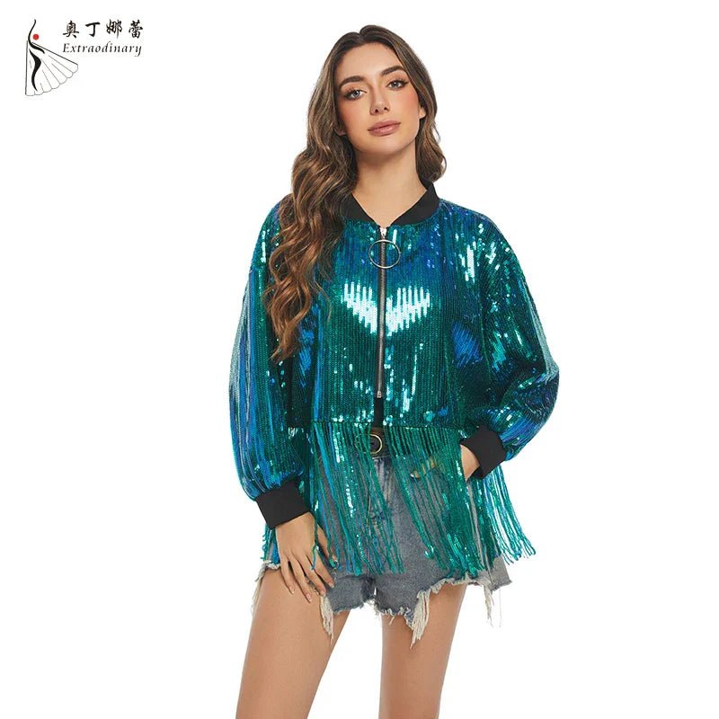 Women Sequin Tassel Jackets Long Sleeve Front Zip Casual Sparkly Party Fashion coat glitter reversible Hip Hop Jacket