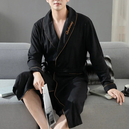 Autumn Winter Men Pajamas Bathrobe Long Sleeve Cotton Soft Comfy Casual Lace Up Shower Robe Mid Length Male Loungewear Robe