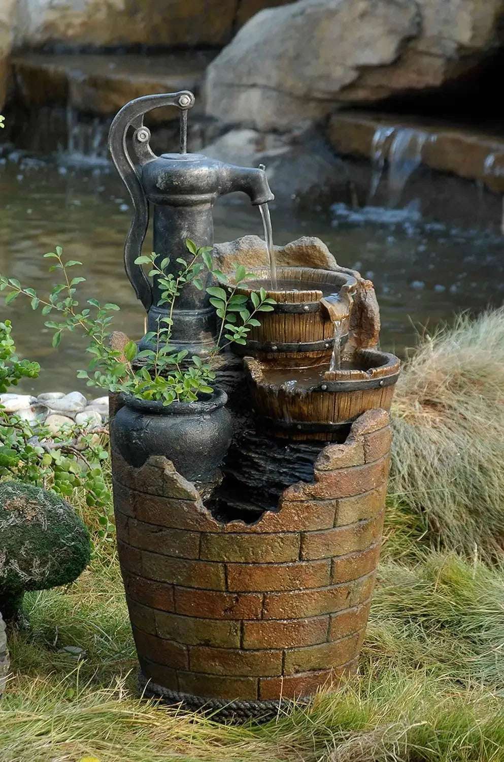 Glenville Water Pump Cascading Water Fountain, Brown/Black