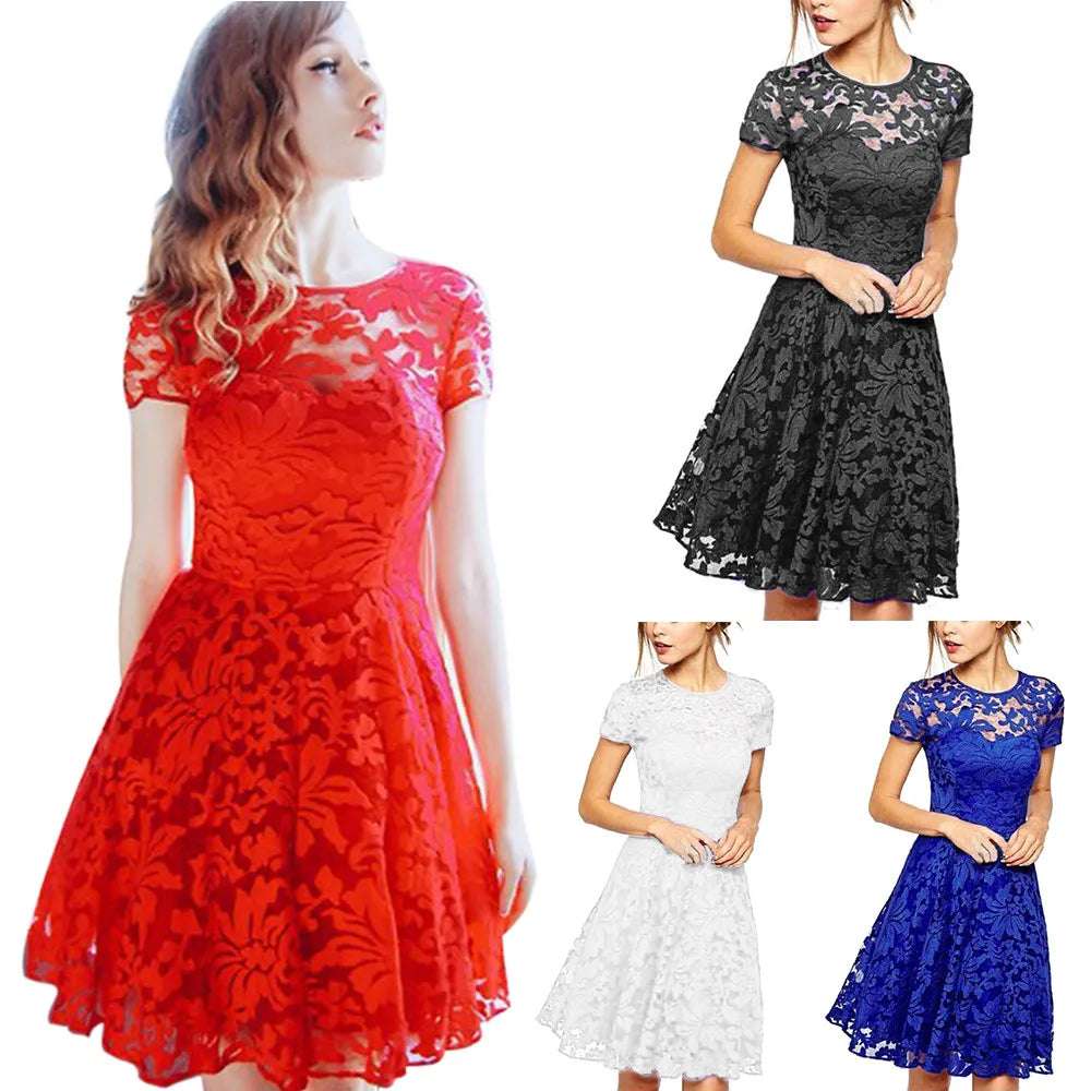 Womenummer Dress See-through Hollow Out Lace Short Sleeves Big Hem Mini Dress Round Neck A-line Prom Dress Women Clothes