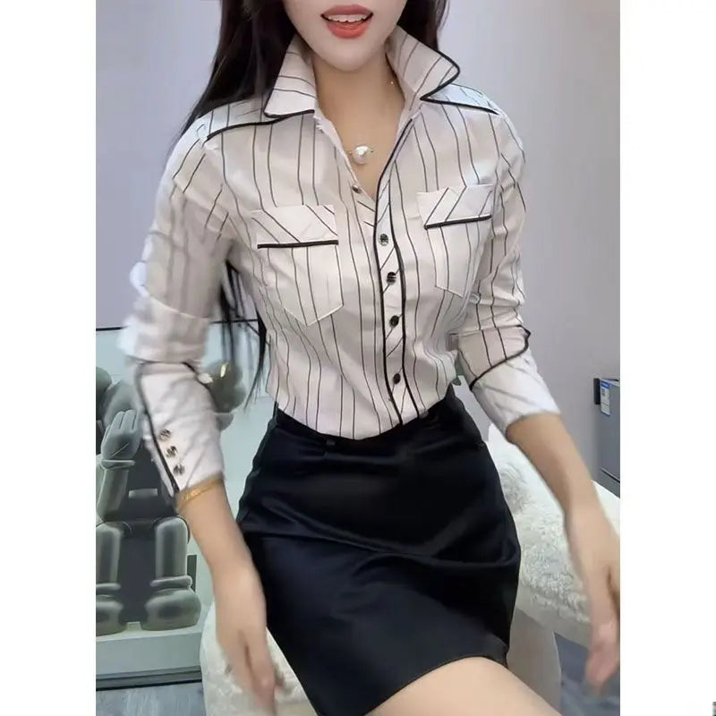 New Polo Collar Long Sleeve Vertical Striped Shirt Fashionable and Versatile Base Slim Top