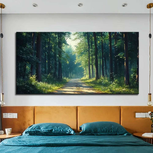 1.5 inch thick pine solid wood frame, art hand painted forest oil painting, forest art oil painting, home decoration