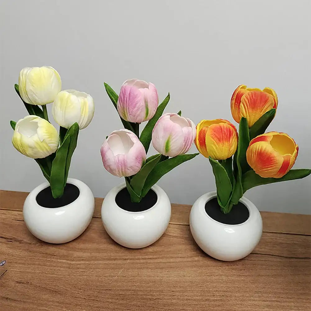 Led Simulation Tulip Night Light with Vase,3 Heads Tulip Flower Table Lamp Ornament Flower Potted Ambient Light for Her Birthday