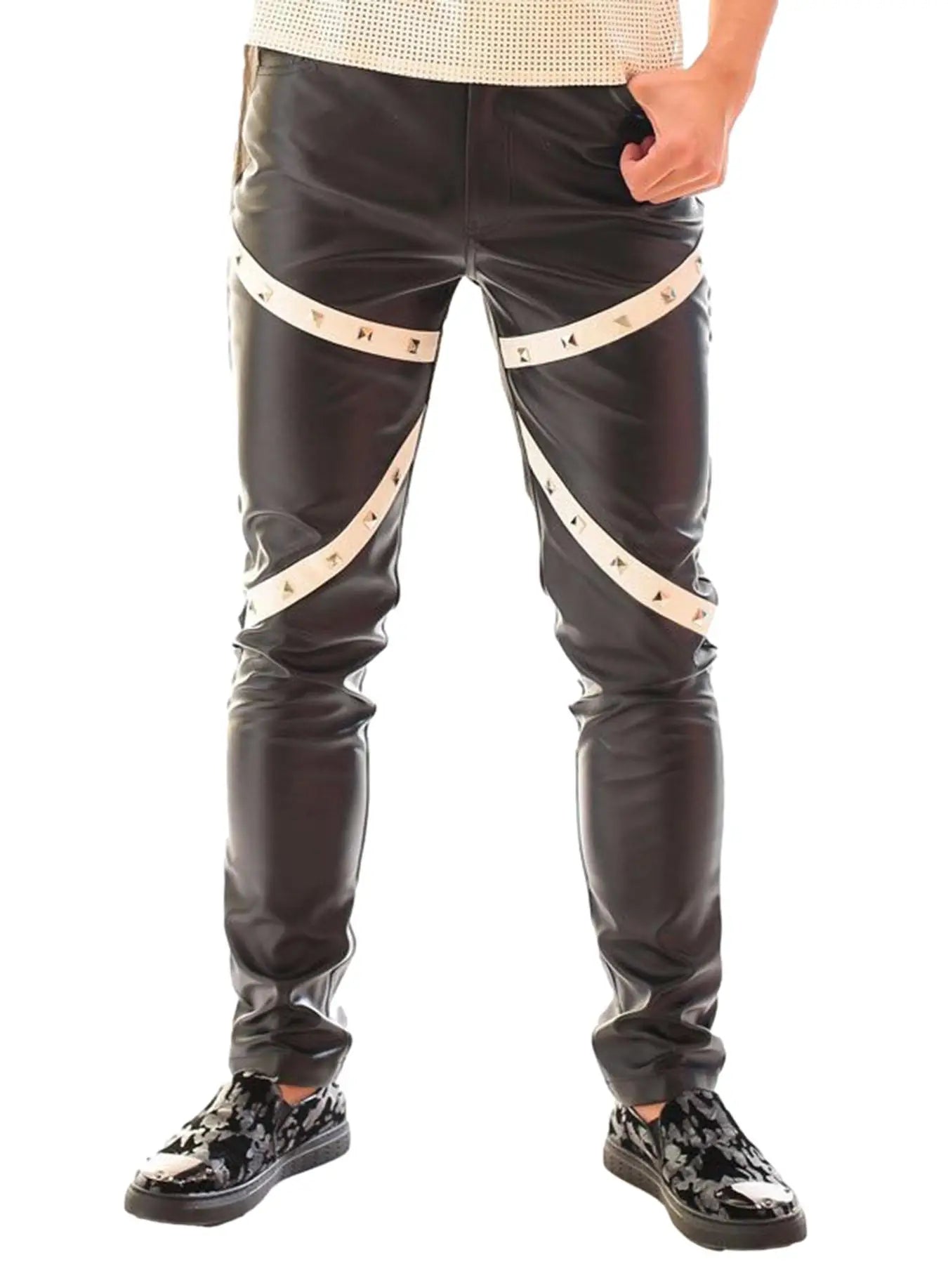 Men Gothic Rock Punk Biker Slim Faux Pu Leather Patchwork Dance Party Studded Night Club Stretch Leisure Pants Trousers
