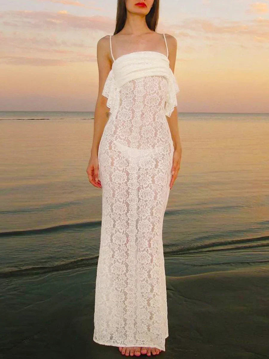 Womenummer Long Cami Dress White Sleeveless Backless Sheer Lace Party Dresses